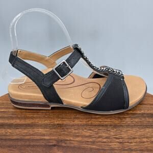 Aetrex Leanna Sandals Womens 7.5 Black Leather Embellished T Strap Orthotic